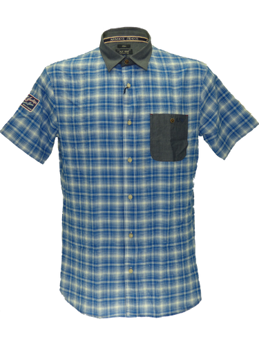 Armani SS15 checked short sleeved shirt in navy/white(M)