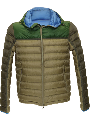 Moncler SS15 two-tone hooded puffa jacket in Grey/Green(II)