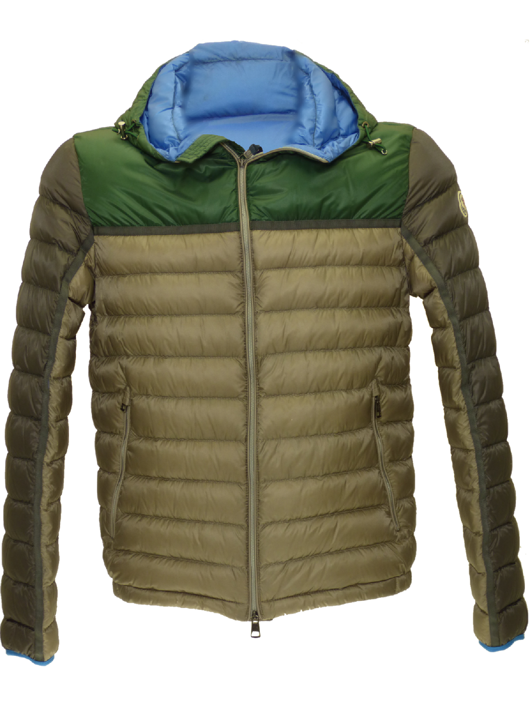 Moncler SS15 two-tone hooded puffa jacket in Grey/Green(II)